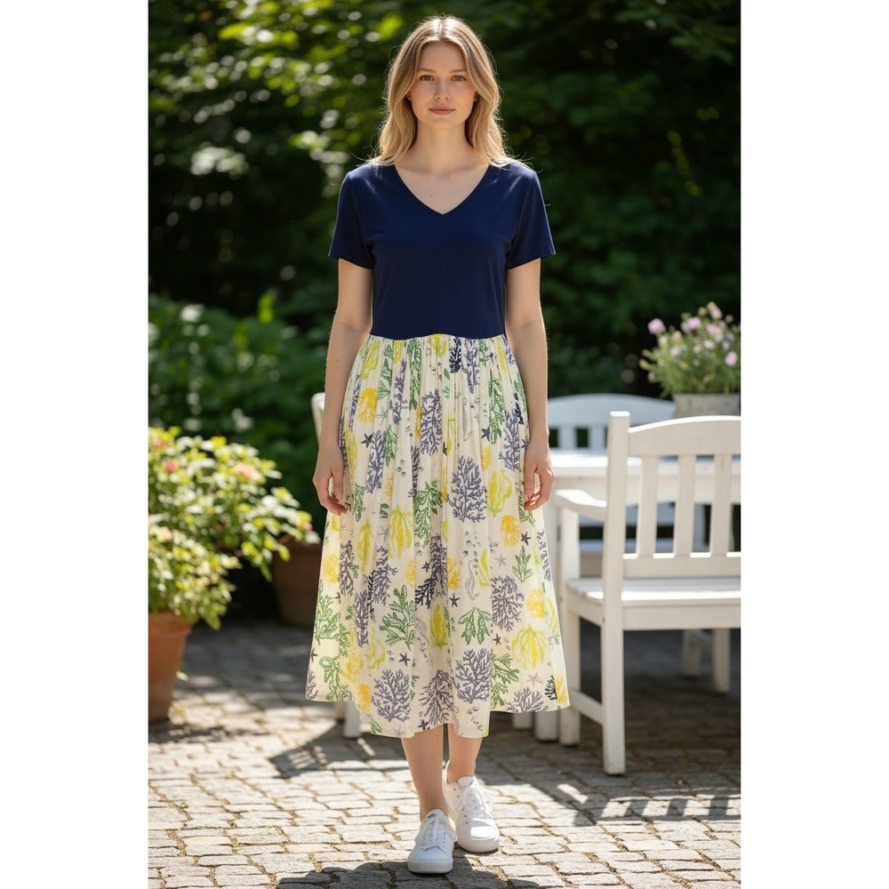 eShakti Navy Blue Coral Sea Life Print Midi‎ Dress Women Size 2 Cotton Spandex